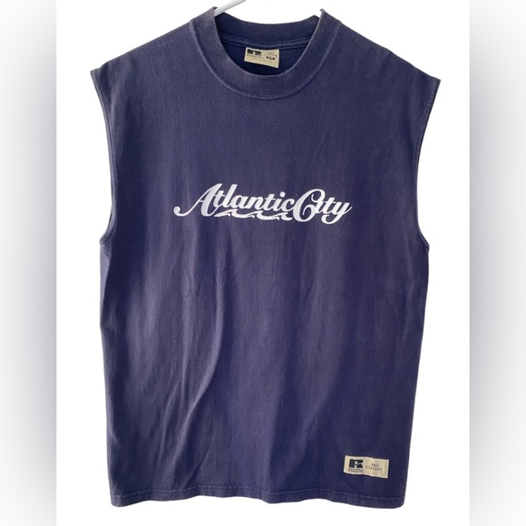 Vintage Russell Pro Cotton Atlantic City Muscle Tee Sleeveless T-Shirt Navy Mens - Picture 1 of 6